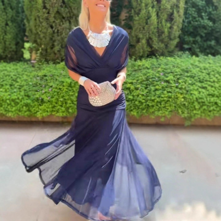 Elegant Womens Solid Color Deep V Neck Mesh Dress Waist Defined Autumn Style Wholesale Available