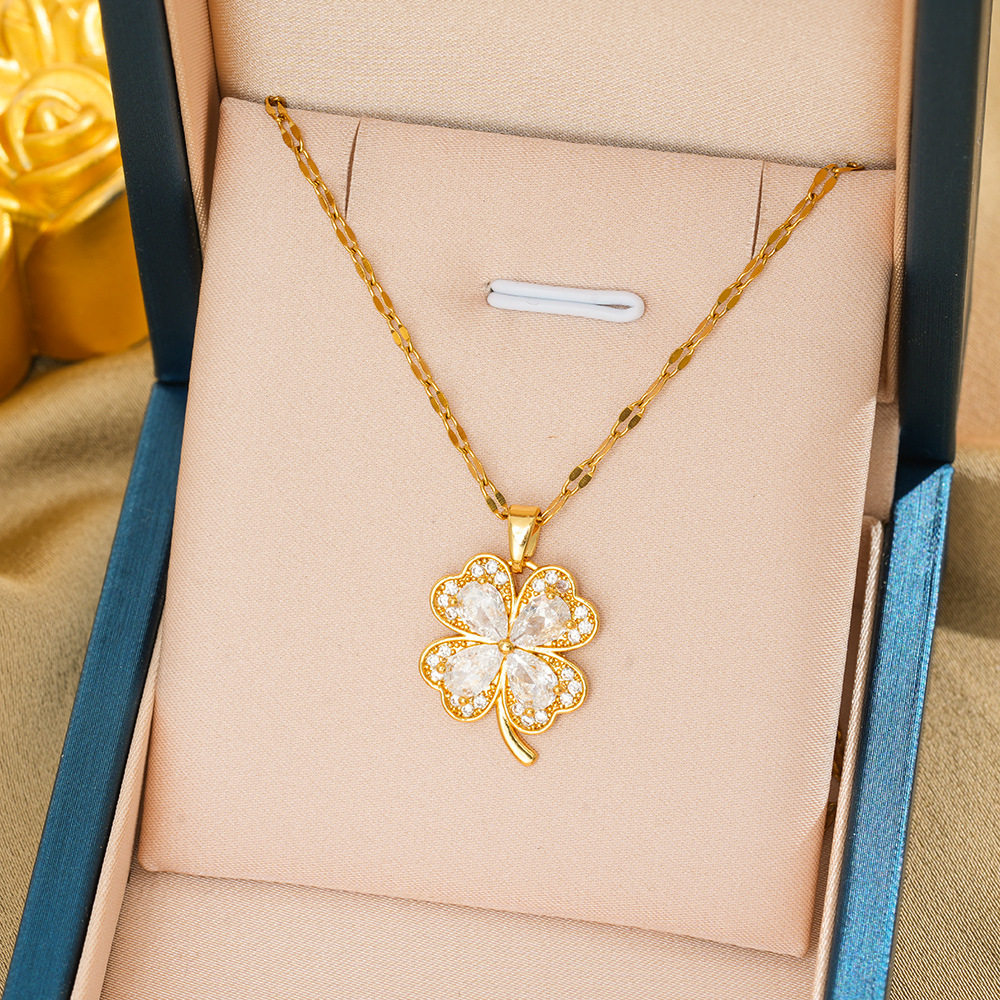 253 四つ葉の花のネックレス - ゴールドとホワイト