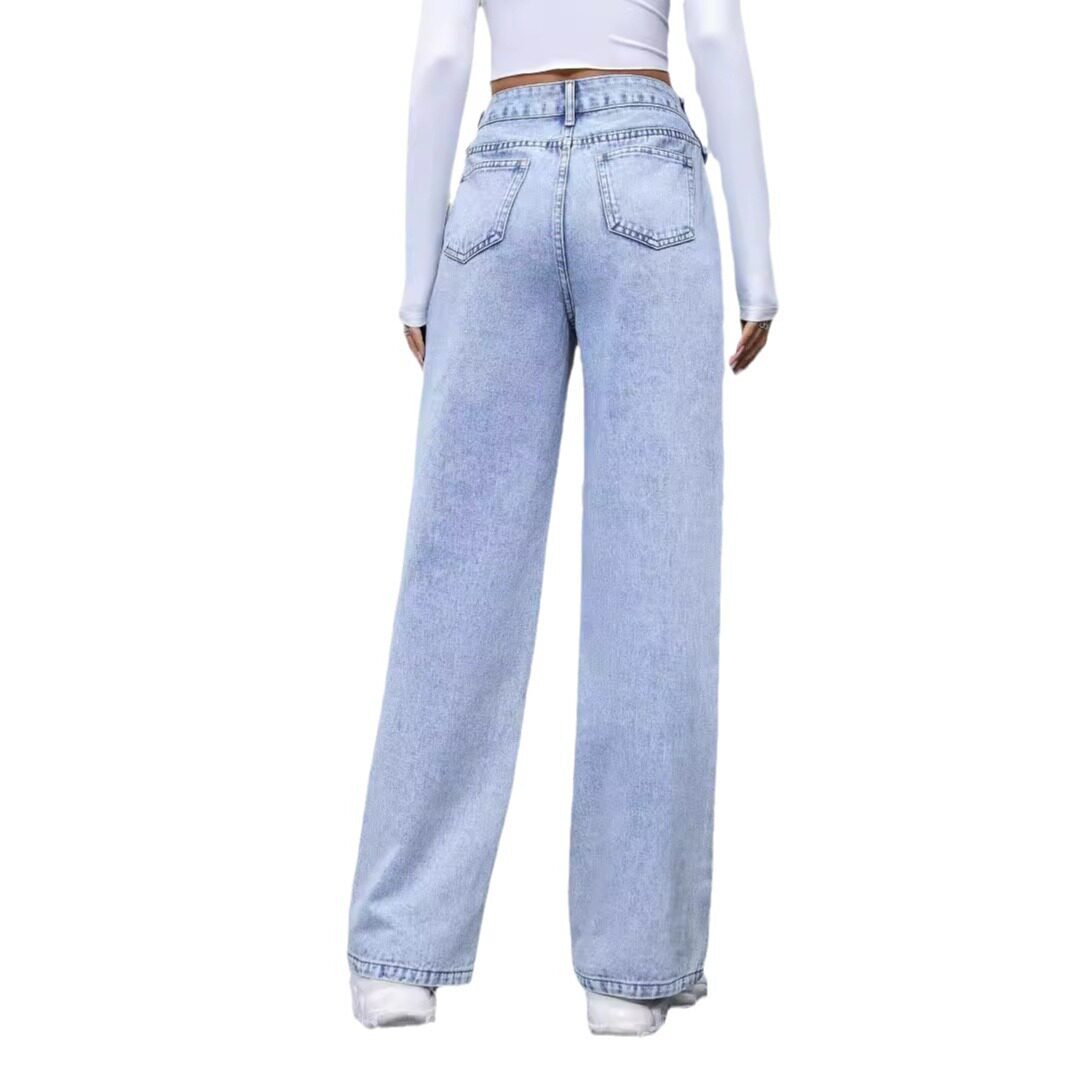 High Waisted Straight Leg Denim Pants Pocket Design Casual Style Womens Fashion Wholesale Available
