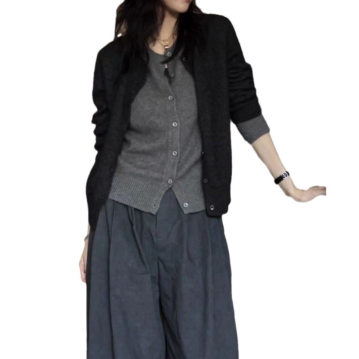 100%美丽诺羊毛开衫女秋冬灰色假两件针织衫高级感老钱风毛衣外套