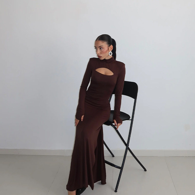 Long Sleeve Bodycon Dress Hollow Out Design Solid Color Elegant Style Perfect for Autumn and Winter Occasions