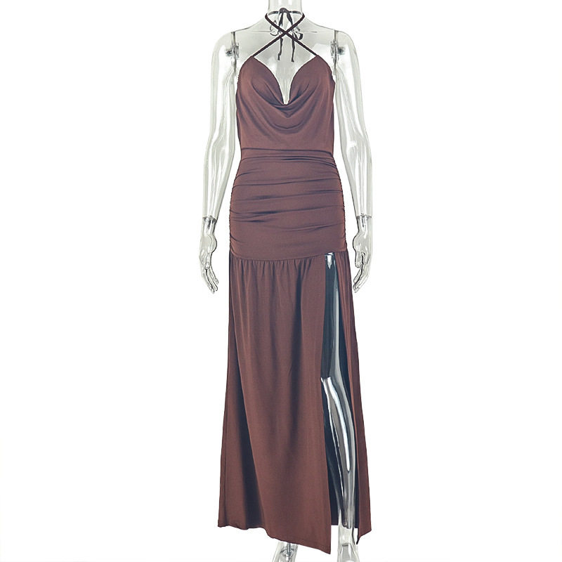 Chic Womens Dress Solid Color Asymmetrical Hem Deep V Neck Halter Neck Bodycon Style Perfect for Parties or