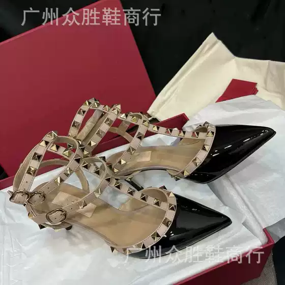 High Version V Home Rivet Pointed High Heels Women's Stiletto Heel Strap Sandals Outer Wear One Word Buckle Strap High Heel Sandals Women