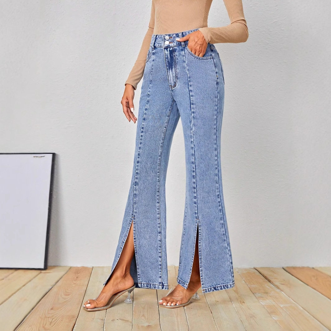 Womens Slim Fit High Slit Denim Pants Stylish Design Trendy Look Comfortable Fabric Perfect for Casual Outings