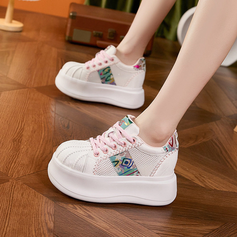 Giày sneaker nữ chạy bộ mesh thoáng đế dày trắng — Bột trắng, Hộp trắng vàng