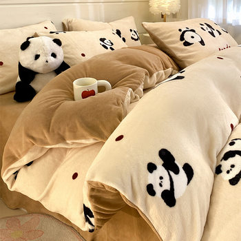 Class a Printed Milk Velvet Four-Piece Set, Winter Simple High-Weight Duvet Cover, Cartoon Home Three-Piece Bedding Set