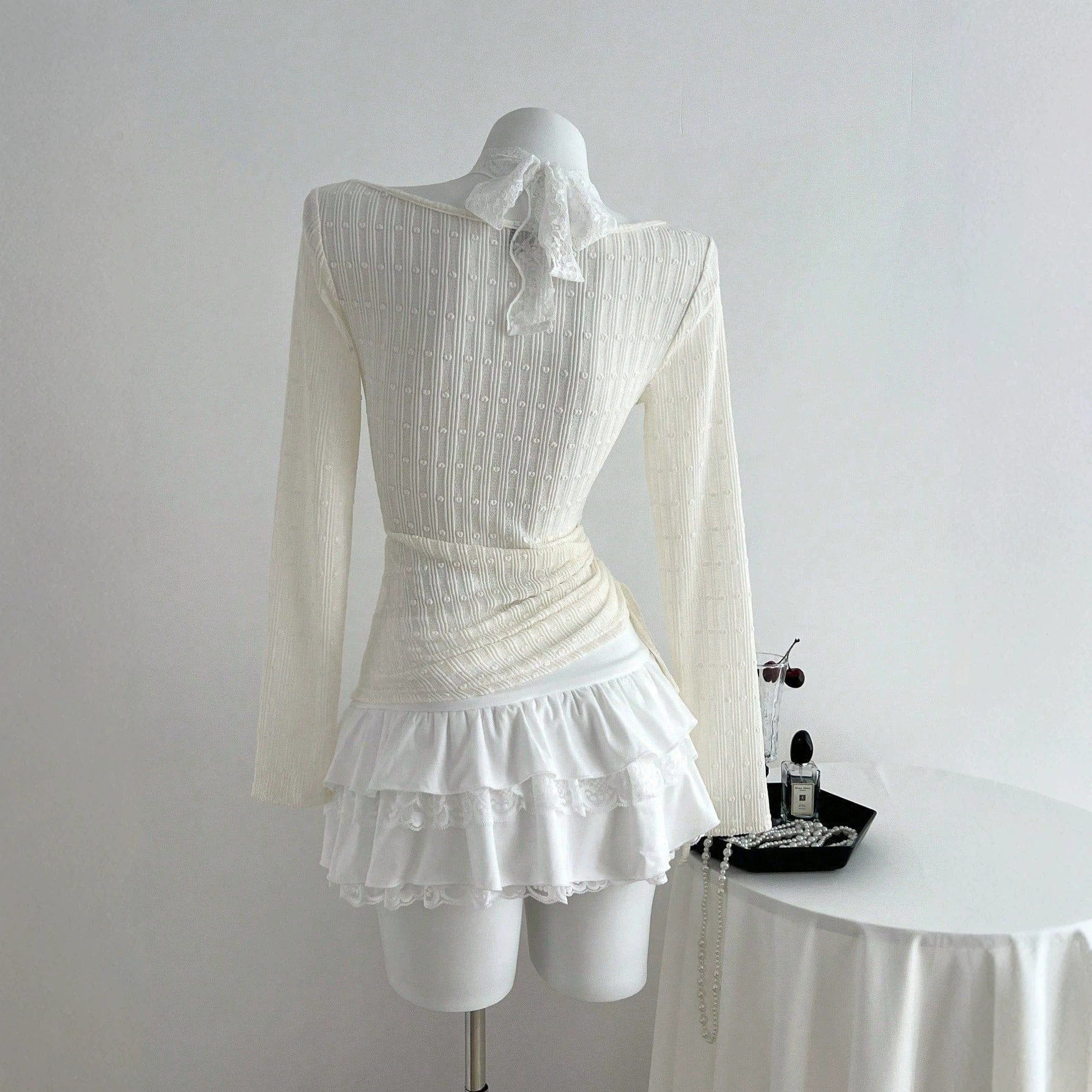 Lace Bow Tie Neck Long Sleeve T Shirt Slim Fit Elegant Design Comfortable Fabric Perfect for Casual Wear Ready to