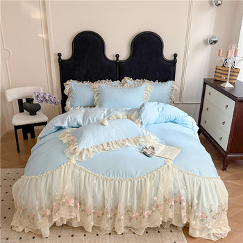 Cross-Border Washed Skin-Friendly Cotton Chiffon Lace Embroidery Princess Style Bed Sheetss, Bed Bags, Bed Skirts, Three or Four Piece Fitted Bed Sheets Wholesale