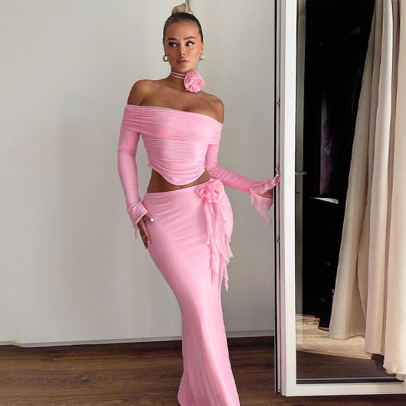 Amazon women's 2025 spring and summer new fashion sexy tube long sleeve top slim skirt suit wholesale