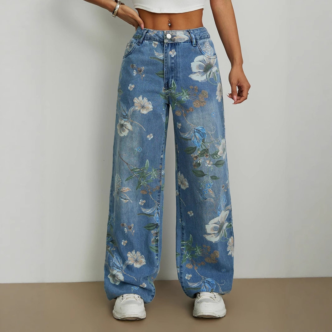 Loose Fit Wide Leg Jeans Printed Denim Street Style Casual Wear Ready to Ship Wholesale Available