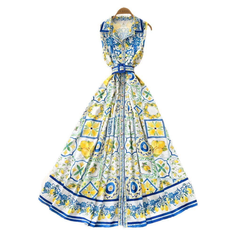 Sleeveless Floral Print Dress Korean Style Tie Waist A Line Silhouette Elegant Summer Vacation Wear Wholesale