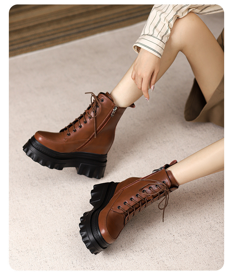 Boot Martin nữ đế dày tăng chiều cao 10cm, cổ thấp gót nêm da bò thật — Lớp lót đơn màu đen, Lớp lót đơn màu nâu sẫm, Lớp lót nhung đen, Lớp lót nhung màu nâu sẫm
