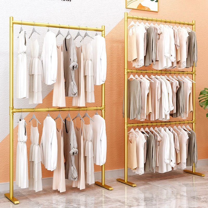 Simple Double-Layer Clothing Store Floor-Standing Clothes Rack Iron Double-Pole Folding Clothes Hanging Rod Floor-Standing Adjustable Balcony Clothes Drying Rack