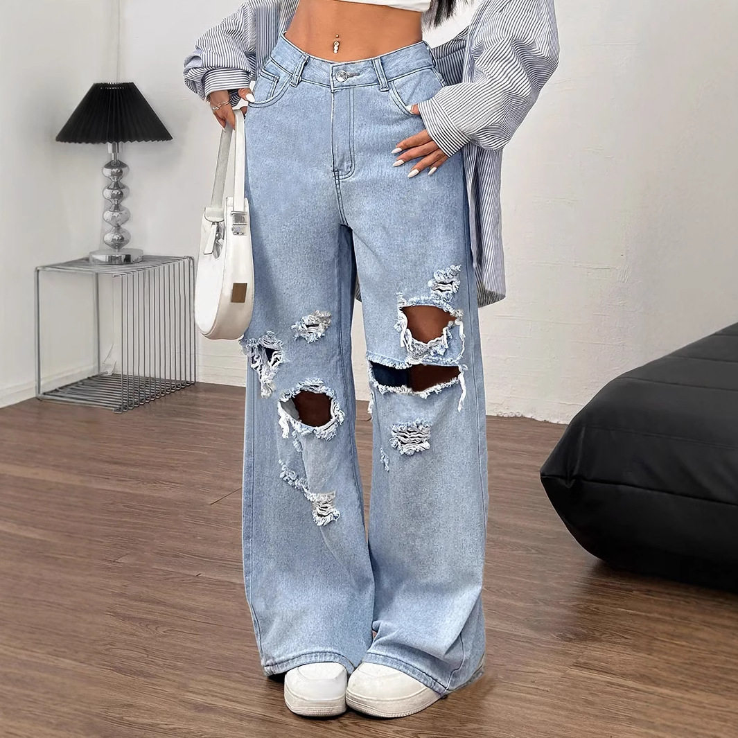 Loose Fit Butterfly Embroidered Ripped Denim Pants Womens Casual Style Perfect for Everyday Wear Ready to Ship