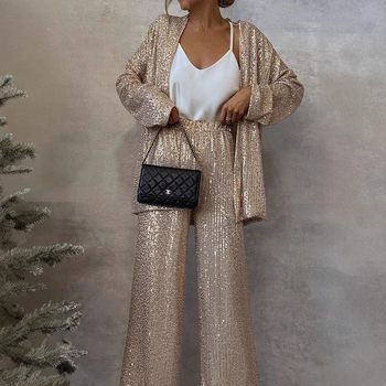 2025 Spring New Cross-Border European and American Three-Color Sequin Small Suit High-Waist Fashion Casual Pants Two-Piece Suit