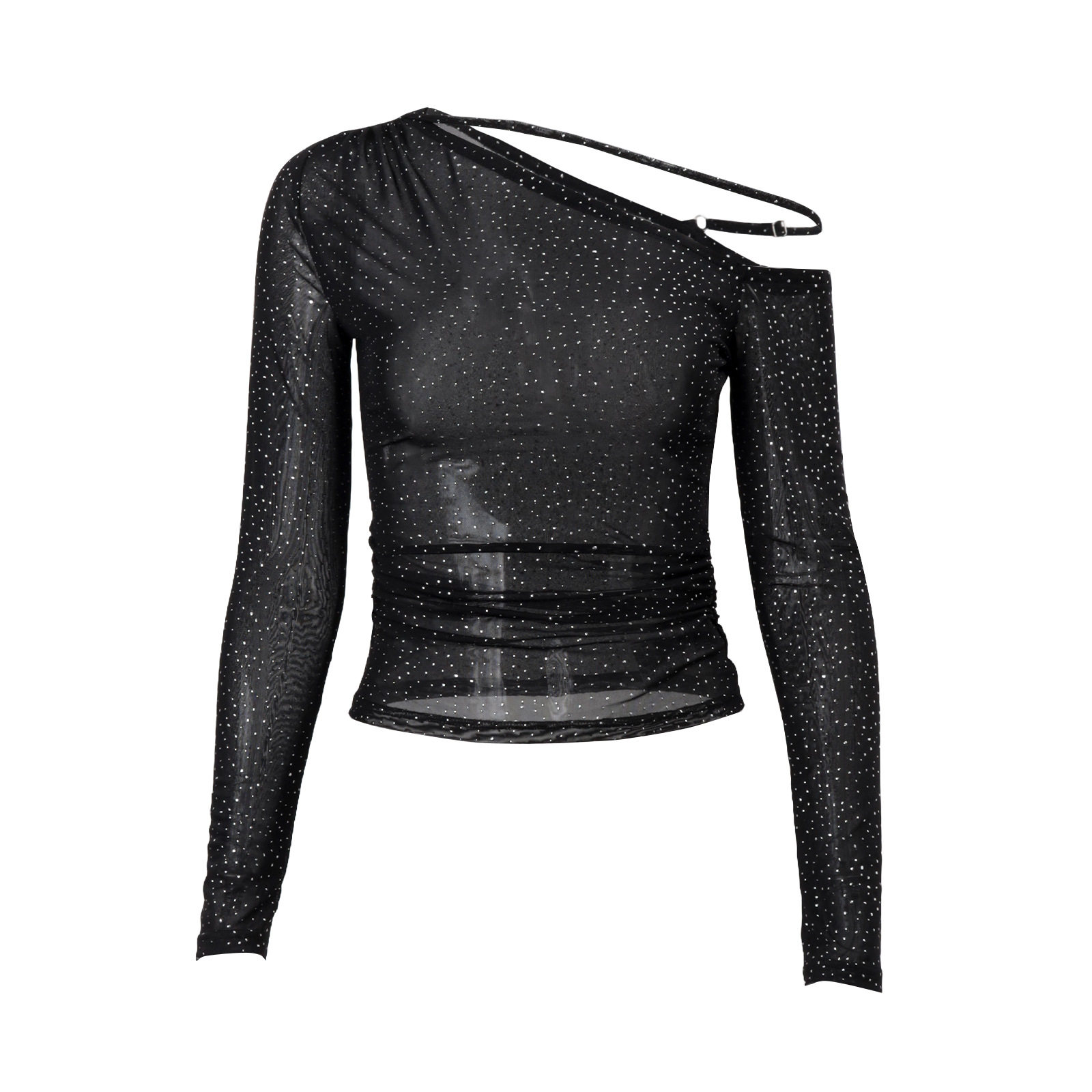 Y2K Style Womens Long Sleeve T Shirt Slim Fit Asymmetrical Shoulder Design Rhinestone Detail Spring Fashion OEM