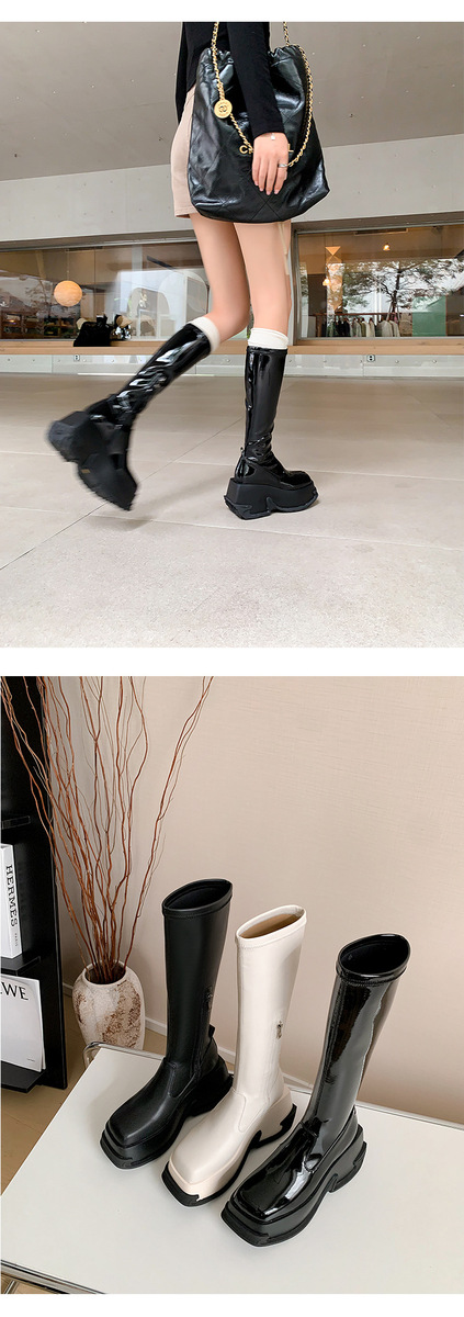 Boot nữ cổ cao ôm bắp chân gót vuông 9cm tăng chiều cao, đế dày chống trượt — Da sáng chế màu đen lót nhung ống nhỏ, Lót nhung ống nhỏ màu be, Màu đen bằng sáng chế da ống nhỏ bên trong, Màu đen da bò ống nhỏ lót một lớp