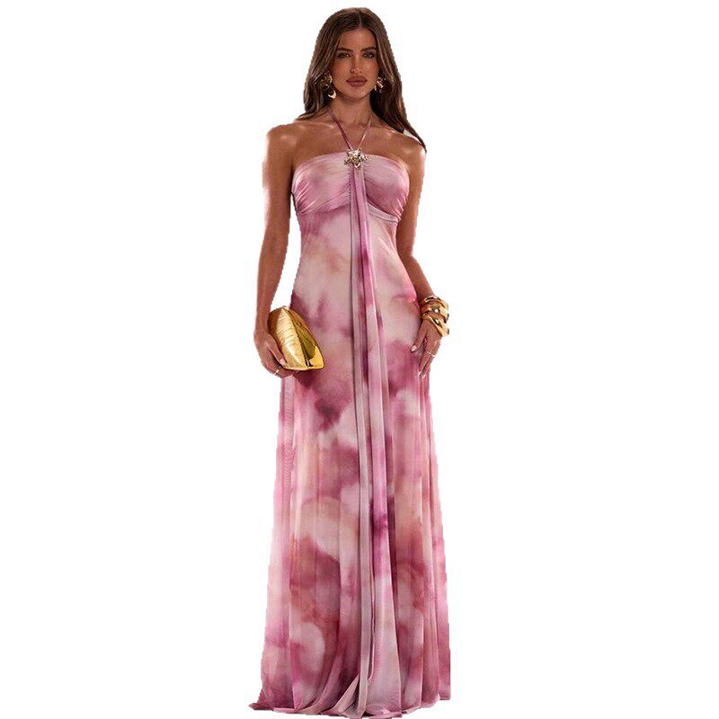 Summer Womens Tie Dye Backless Bodycon Dress Stylish Sexy Halter Neck Comfortable Fabric Perfect for Parties and