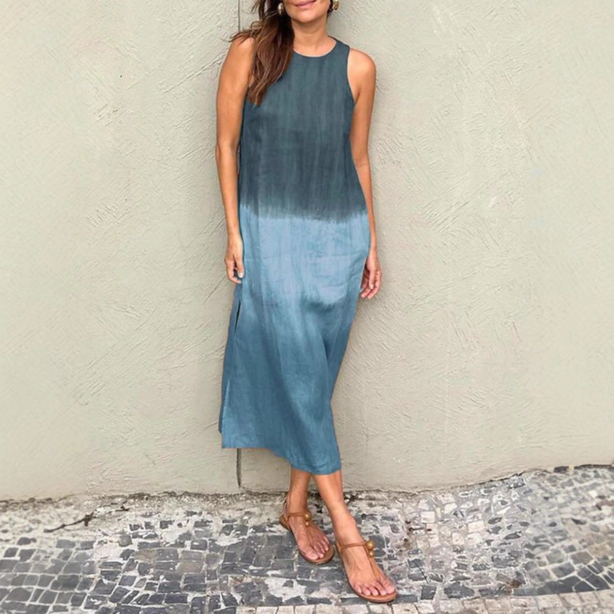 Summer Womens Sleeveless Color Block Printed Dress Loose Fit Round Neck Trendy Design Casual Wear Wholesale