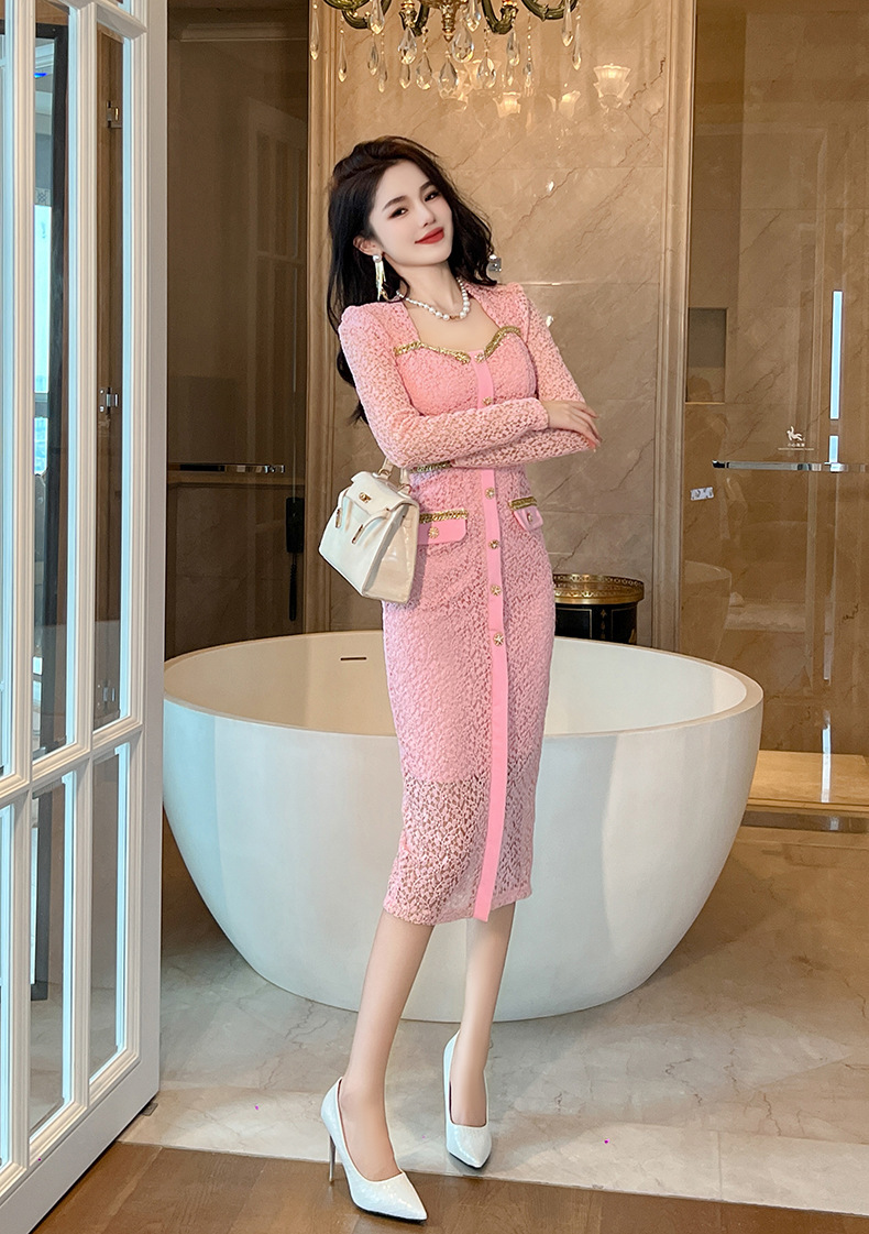 Đầm ren nữ cổ vuông dài tay phối dây xích ôm body thanh lịch — Hoa Anh Đào