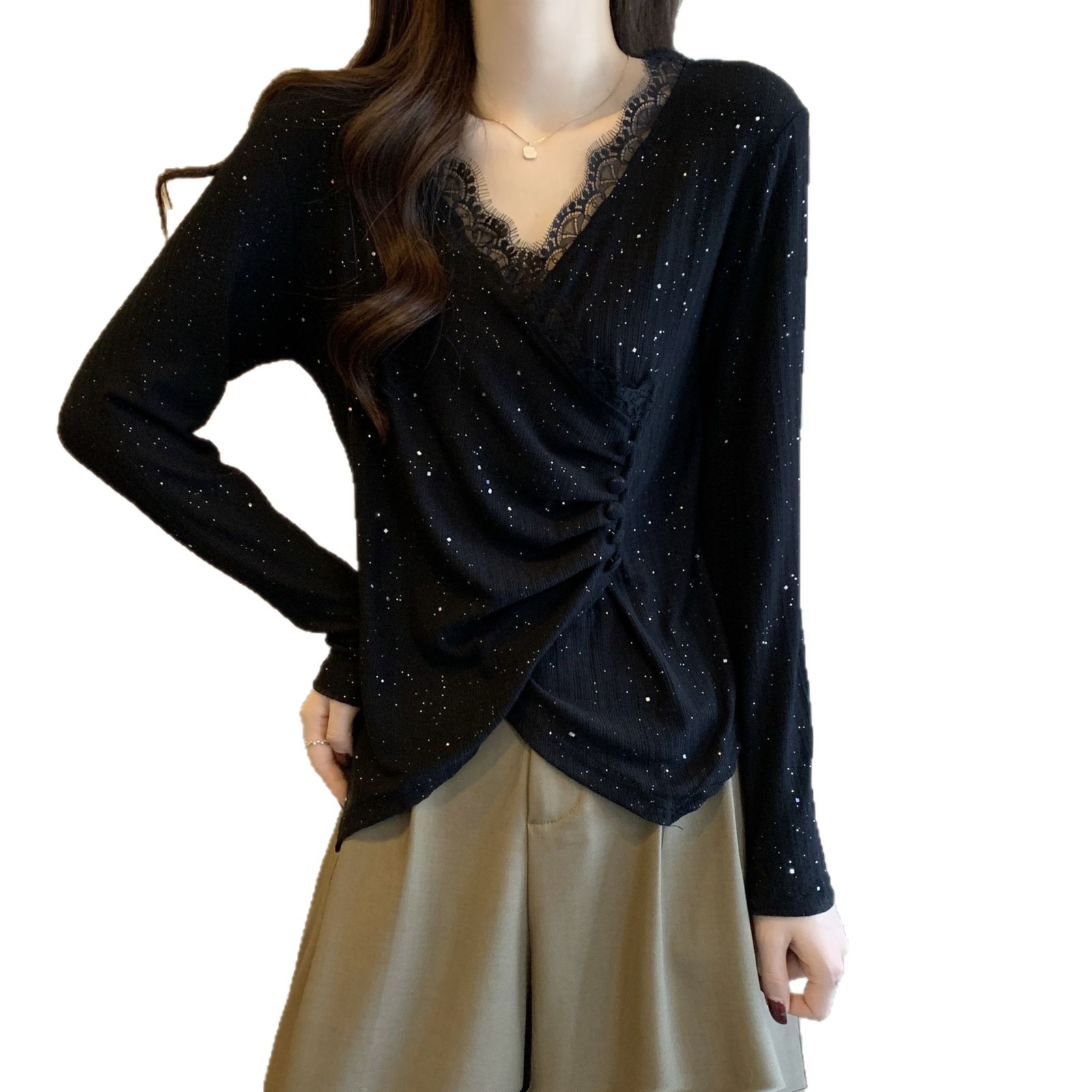 Plus Size Lace Patchwork Sequin V Neck Long Sleeve T Shirt Loose Fit Irregular Hem Spring Fashion Wholesale Available