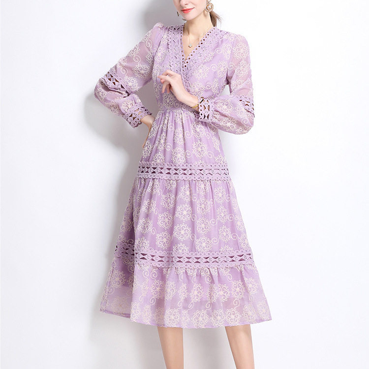 French Court Style Floral Lantern Sleeve Dress Hollow Out V Neck Elegant Long Gown Spring Fashion Wholesale