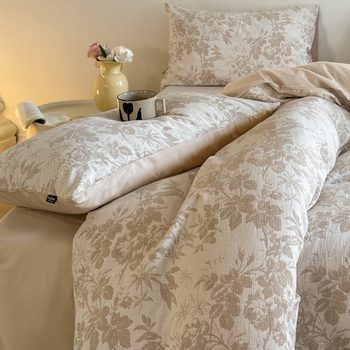 Class a Maternal and Infant Grade 100% Cotton Three-Layer Yarn Jacquard Four-Piece Set Pure Cotton Duvet Cover Bed Sheet Fitted Sheet Washed Cotton Products Winter