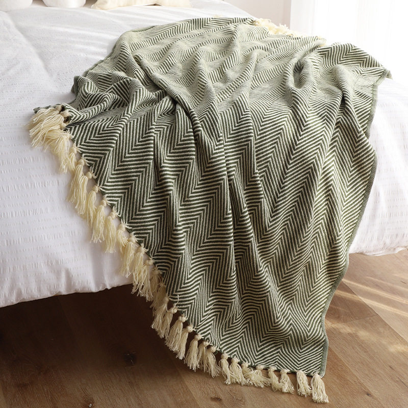 Classic American Retro Green Herringbone Pattern Woven Blanket Hotel Homestay Bed End Towel Bed End Blanket Sofa Blanket Bed Cover Blanket