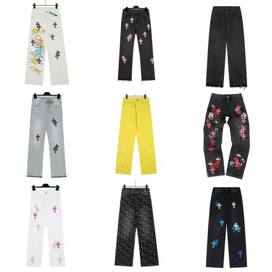 Correct version of CH Crow Cross-neck Leather Standard Washed Jeans Couple Street Loose Spring and Autumn Straight Pants