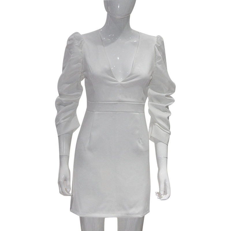 French Vintage Style White Deep V High Waist Backless Dress with Puff Sleeves Elegant Office Wear Wholesale Available
