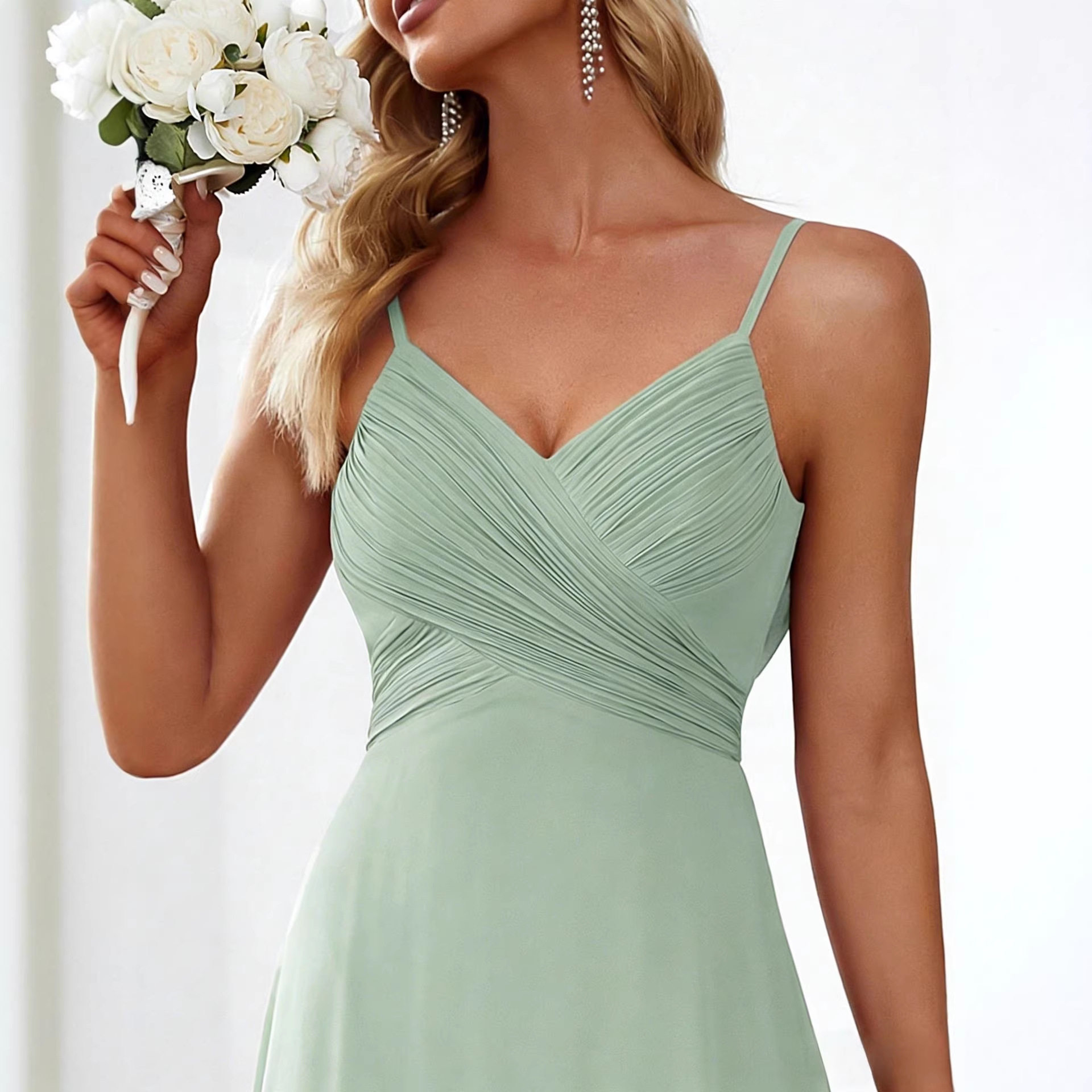 Sleeveless Deep V Neck Chiffon Dress Solid Color Pleated Front Elegant Design Perfect for Parties and Special
