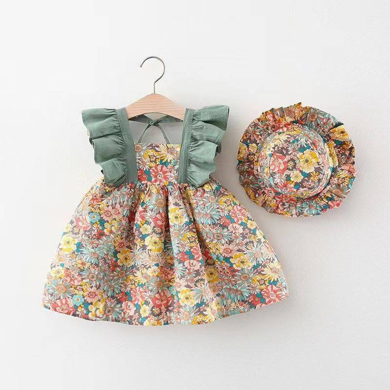 2025 Summer New Floral Flying Sleeve Dress Girls Korean Style Flying Sleeve Spliced ​​Princess Dress Comes with Soft Hat