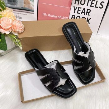 International Station Hot-selling European and American New Flats Square Toe Slippers Daily Versatile Casual Outer Wear Women's sandals sandals