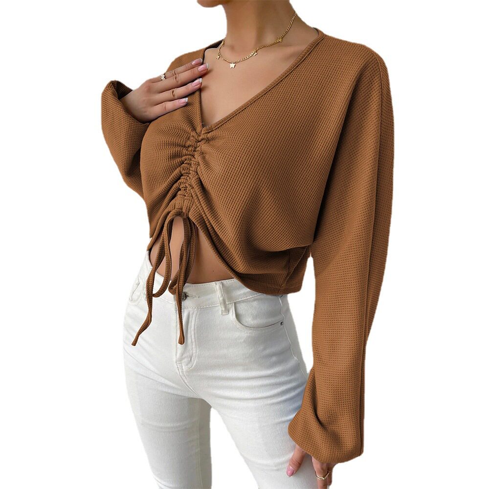 Loose Fit V Neck Long Sleeve T Shirt Casual Waffle Fabric Drawstring Detail Cropped Style Spring Summer Womens
