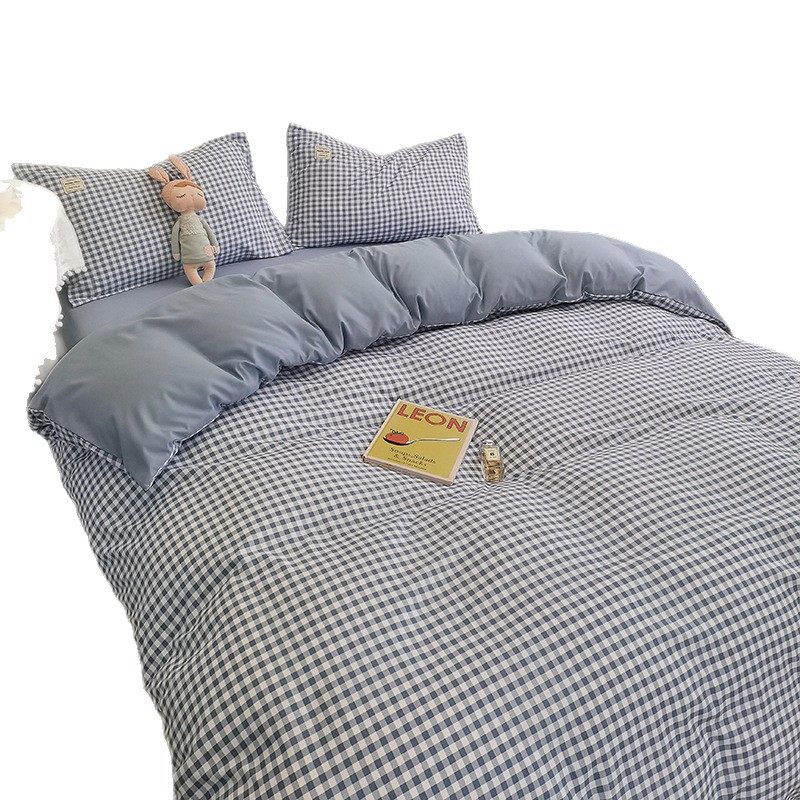 Japanese-Style Simple Washed Cotton Four-Piece Bedding Set with Bed Sheet, Duvet Cover, Fitted Sheet, and Simple Style Brushed Set