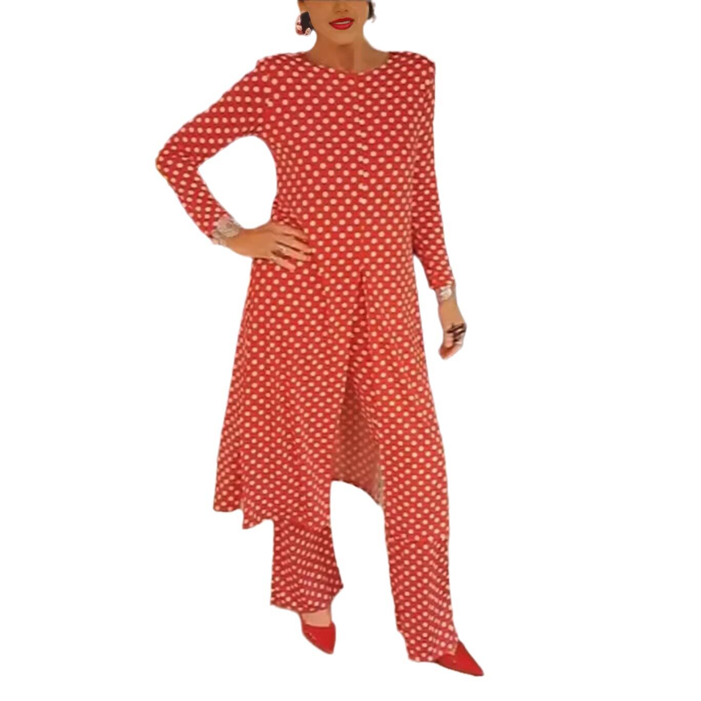 Summer Polka Dot Split Hem Top and Pants Set Slim Fit Round Neck Fashionable Versatile Perfect for Casual Outings