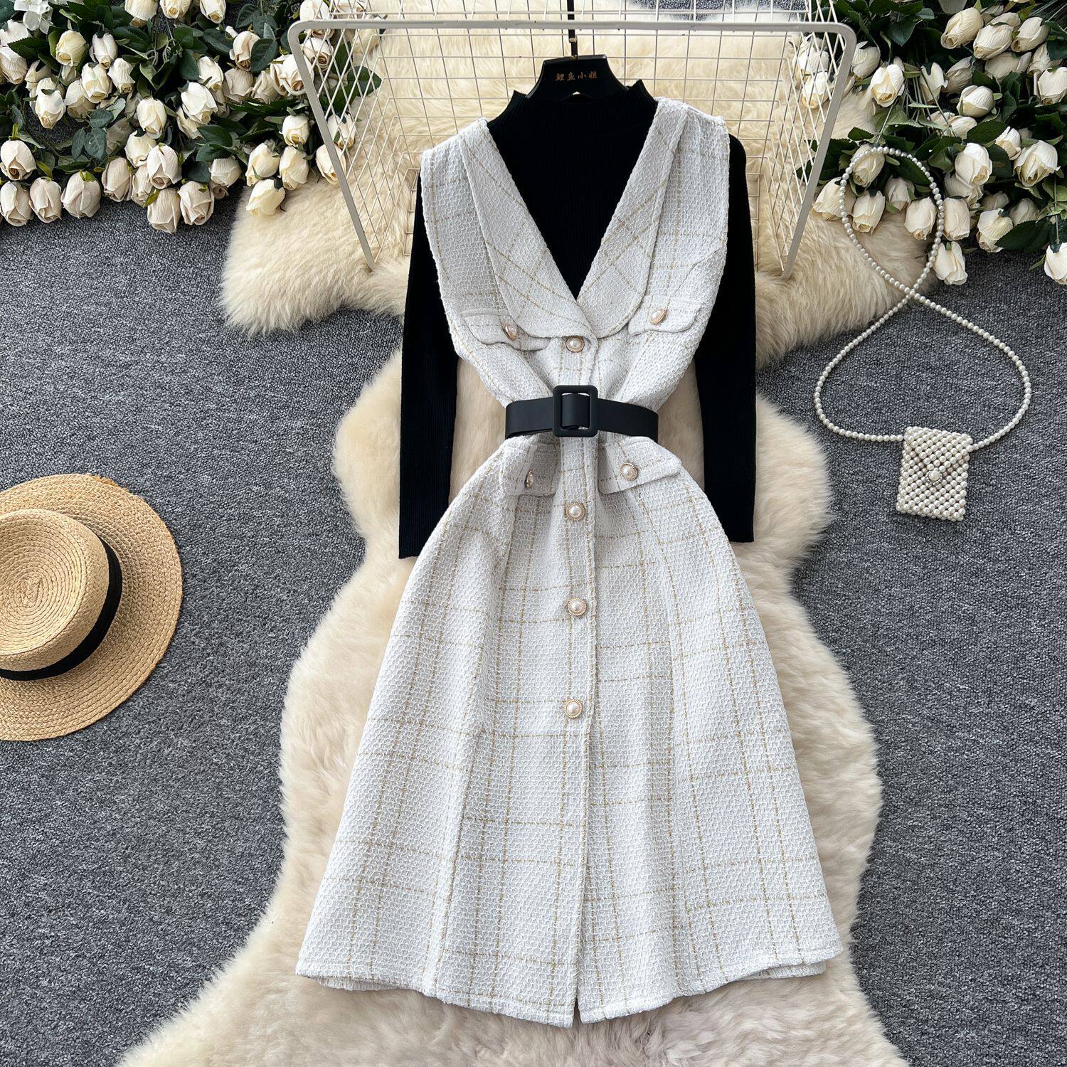 Plaid Wool Blend Sleeveless Dress Set Elegant French Style Layered with Turtleneck Long Sleeve Knit Top Autumn Fashion