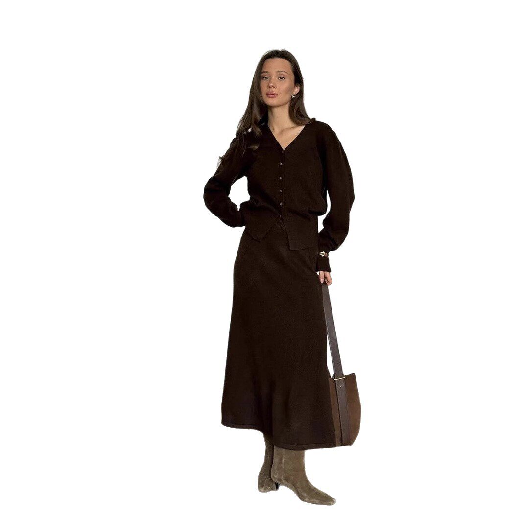 Womens Knitted Set Loose Fit Cardigan with Buttons Straight Skirt Autumn Winter Style Wholesale Available