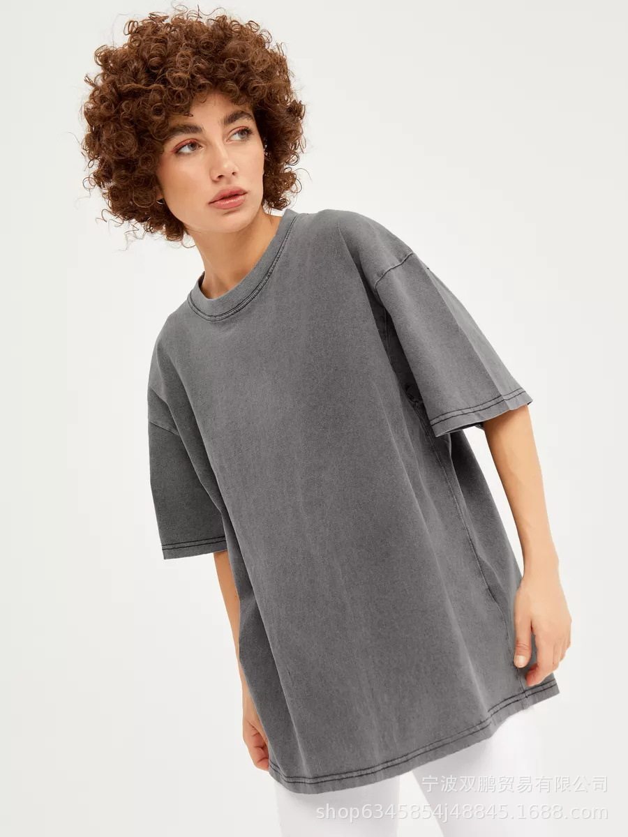 Womens Vintage Wash Dyed T Shirt Solid Color Short Sleeve 100 Cotton Spring Summer Casual Wear Wholesale Available
