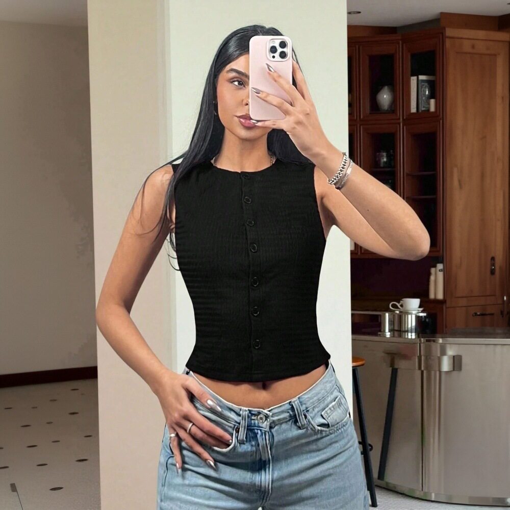 Sleeveless Knit Crop Top Round Neck Slim Fit Lightweight Fabric Spring Summer Casual Wear Wholesale Available