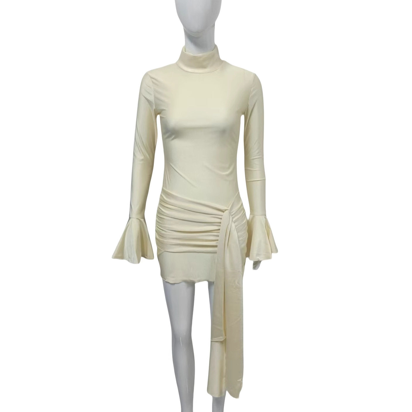 Fashionable Solid Color Bodycon Dress High Neck Flared Sleeves Slim Fit Casual or Evening Wear Wholesale Available