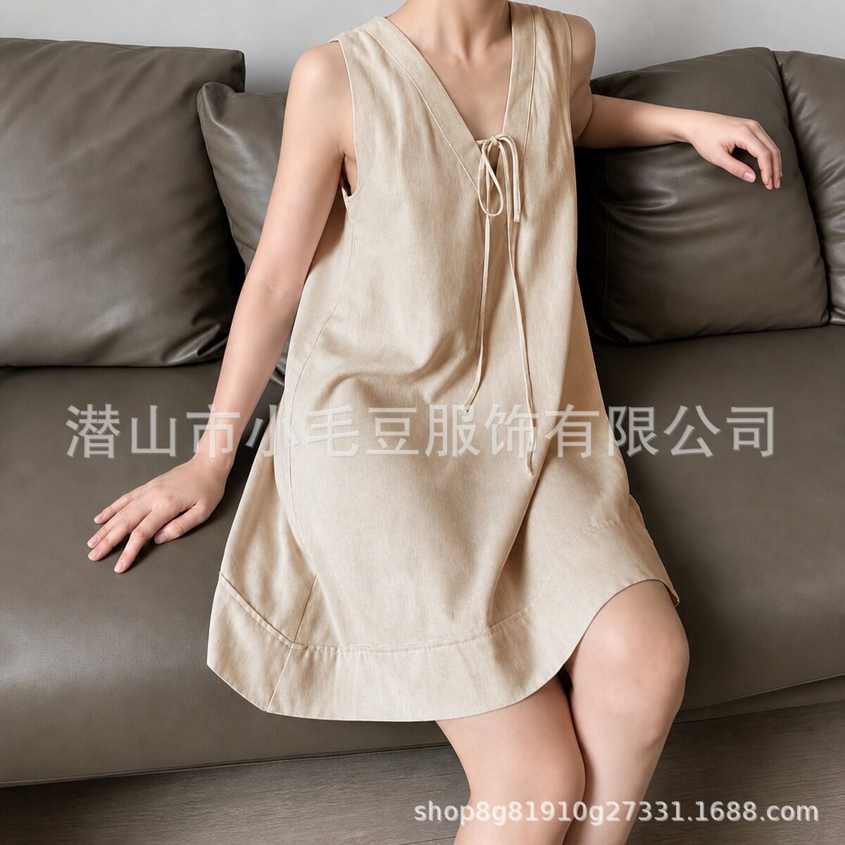 Summer A Line Sleeveless V Neck Dress Loose Fit Tie Waist Cotton Linen Blend Apricot Color Casual Wear Wholesale