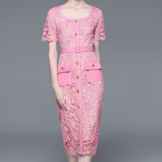 Lace Square Neck Dress Summer Lightweight Luxury Design Embroidered Hollow Out Elegant Occasion Wear Wholesale