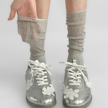 Solid Color Breathable Stitching Mid-length Socks Women's Summer Thin Japanese Style Simple All-match Grey JK Calf Stacked Socks