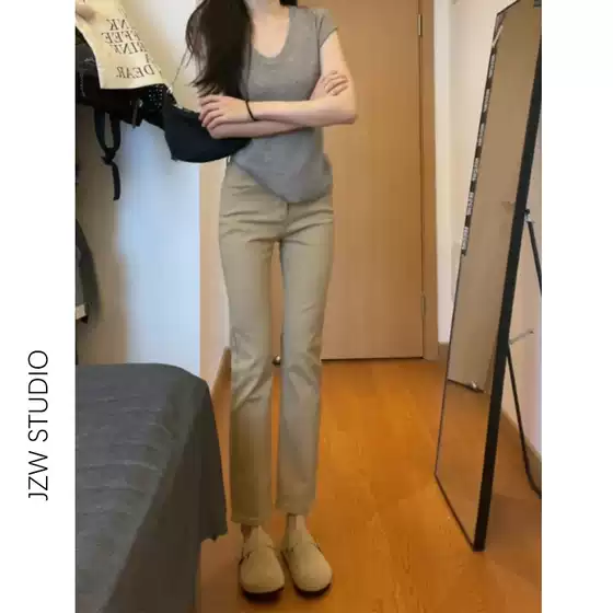 Cropped Narrow Straight Jeans Women's Autumn and Winter High Waist Slim-Fit Slimming Stretch khaki Small Smoke Tube Pants