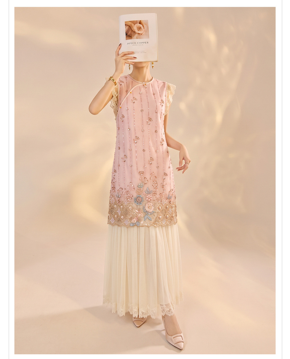 Đầm dài nữ thêu đính sequin phối ren tay cánh tiên dáng chữ A — Màu hồng nhạt