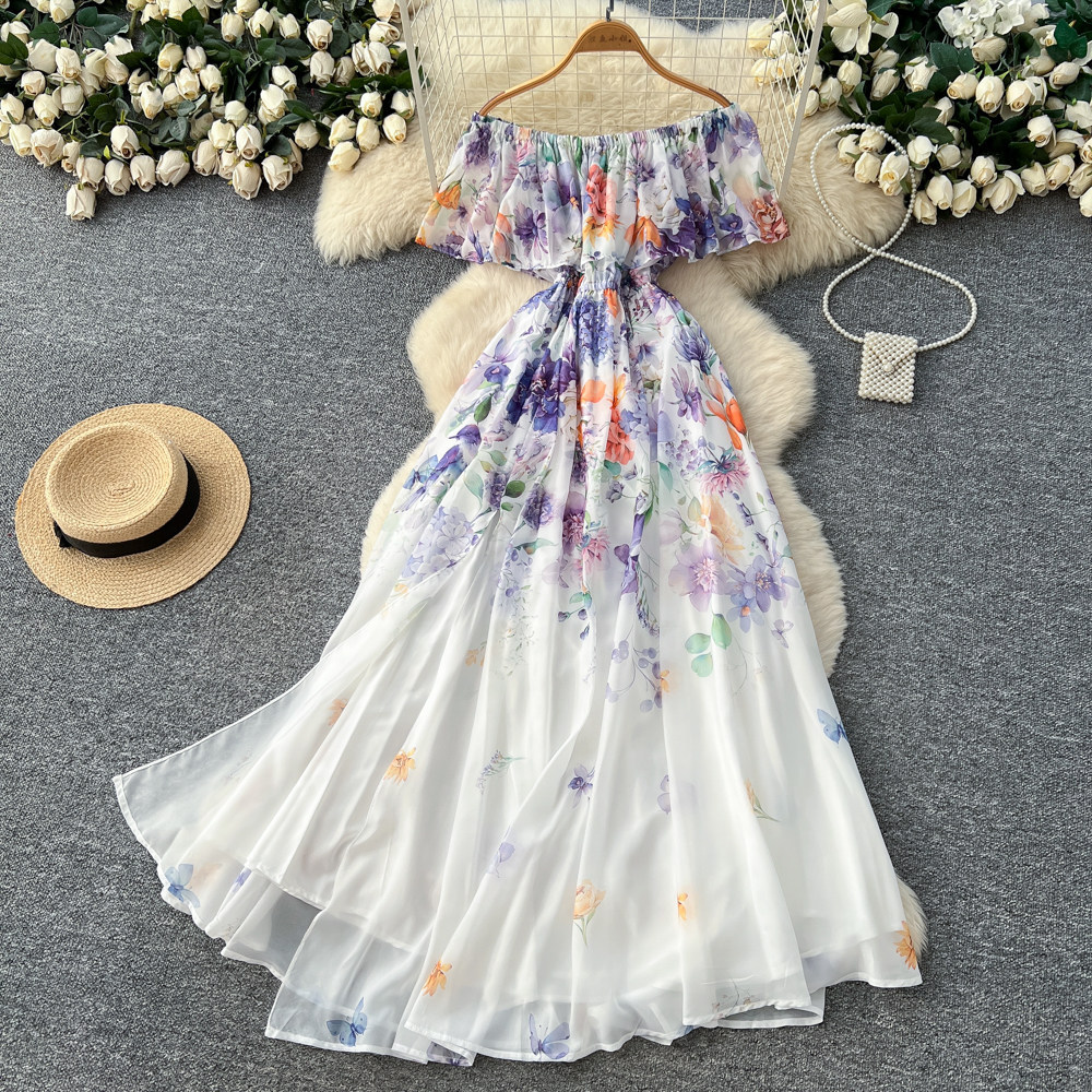 Off Shoulder Ruffle Hem Floral Maxi Dress High Waist Slim Fit Elegant Spring Summer Vacation Style Wholesale