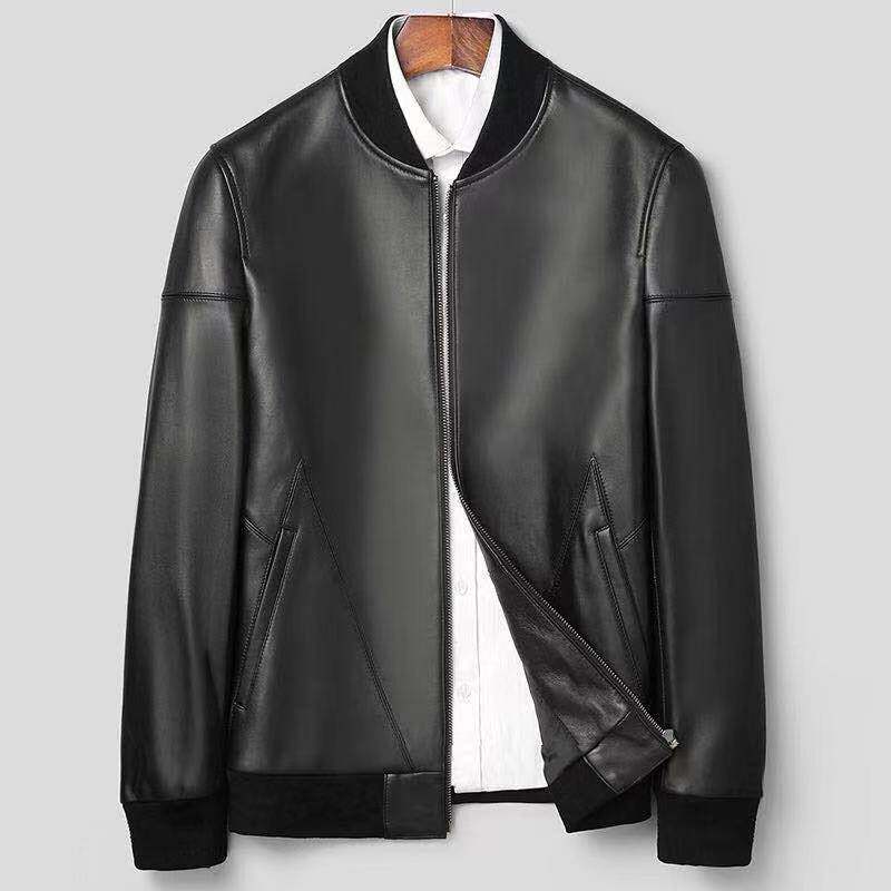 Áo Khoác Bomber Nam Da Cừu Thật Lót Nỉ Dáng Ôm Màu Đen