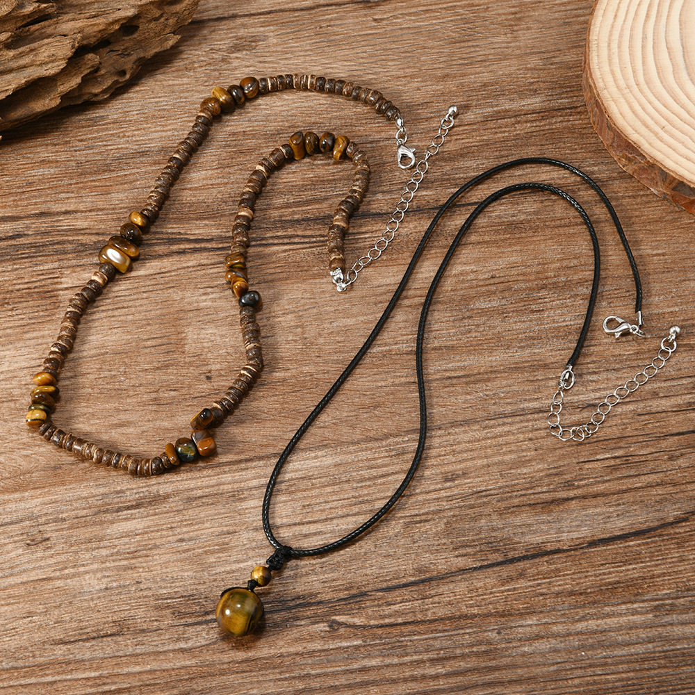 European and American Fashion Coconut Shell Turquoise Leather Wax Necklace suit Men's Hip-Hop Niche Overlapped Woolen Chain Cross-Border Jewelry for Men