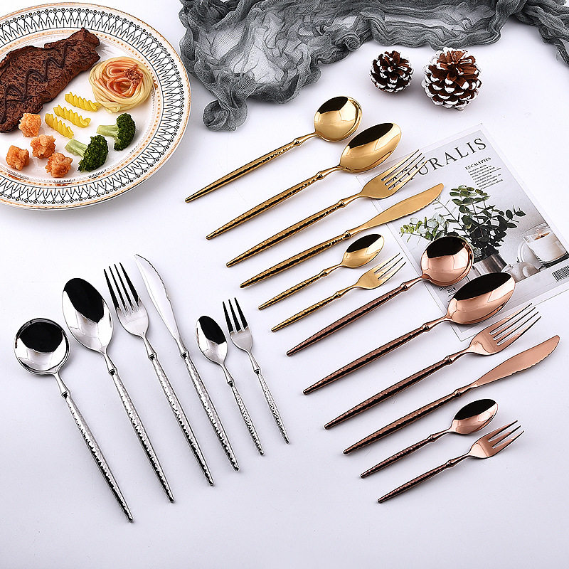 Cross-border 304 Stainless Steel Fruit Knife, Fork and Spoon Three-piece Hotel Ballet Hammer Handle Steak Knife Dessert Spoon Tableware